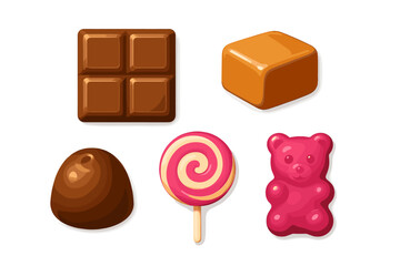 Assortment of various candies and chocolates including a chocolate bar, caramel, truffle, lollipop, and gummy bear