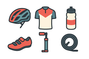 Cycling gear and accessories set including helmet, jersey, shoes, pump, bottle, and lock for outdoor sports