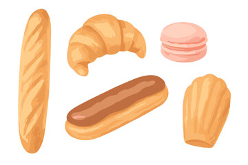 Assortment of classic French pastries and baked goods including baguette, croissant, eclair, macaron, and madeleine