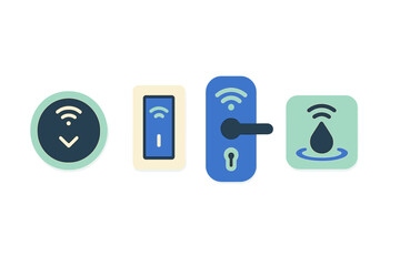 Smart home automation devices including wireless thermostat, light switch, door lock, and water sensor