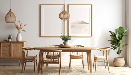 Light-filled, minimalist dining room with wooden furniture and neutral decor
