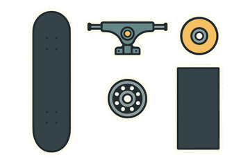 Skateboard components including deck, trucks, wheels, and grip tape for extreme sports equipment design