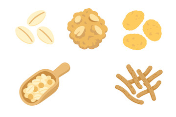 Assortment of healthy breakfast ingredients and baked goods: oat flakes, cookies, and various grain-based snacks