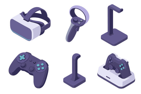 Virtual reality headset, game controllers, and charging stands for modern electronic gaming equipment
