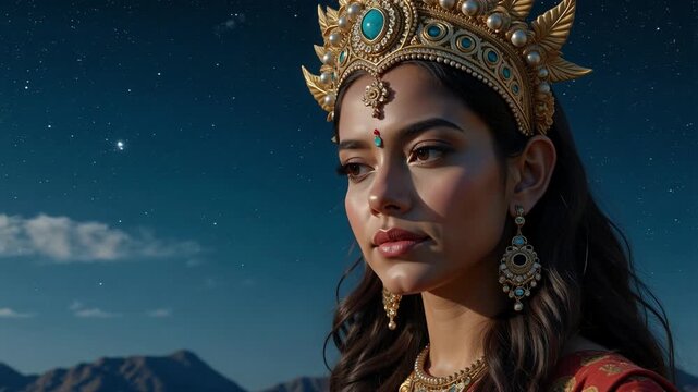 Ethereal Beauty of Goddess Bhudevi Under Serene Starlight Sky Creates Unreal, Divine Atmosphere &ndash; Perfect for Spiritual and Fantasy Projects