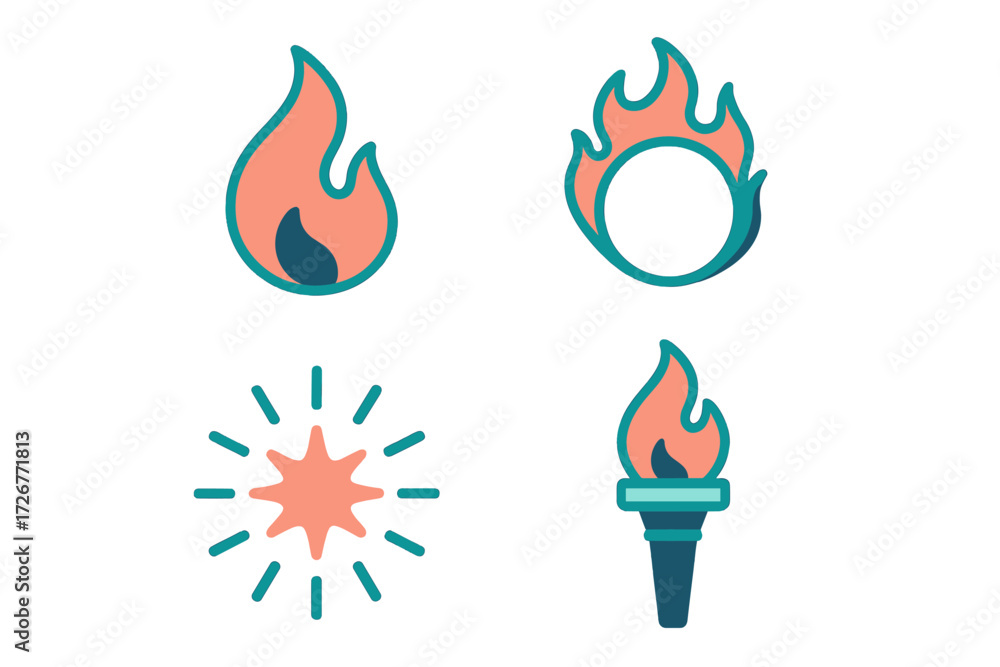 Poster modern collection of stylized fire and light icons featuring various flame, torch, and spark symbols
