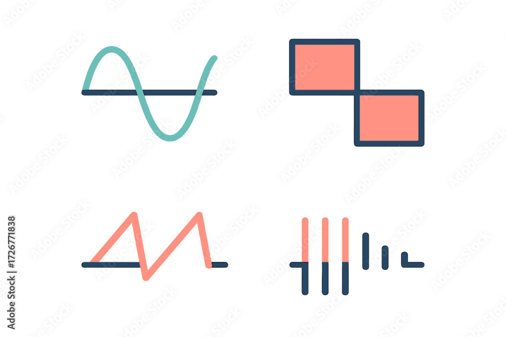 Poster set of abstract sound wave patterns and signal graphs for data analysis, scientific research, and te