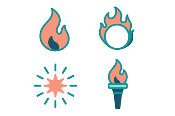 Modern collection of stylized fire and light icons featuring various flame, torch, and spark symbols for design elements