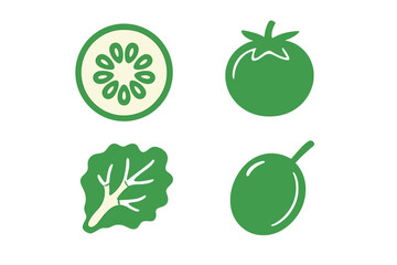 Assortment of fresh green vegetables and healthy salad ingredients including crisp cucumber, ripe tomato, vibrant lettuce, and a single olive