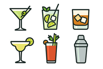 Assortment of classic cocktail beverages including martini, mojito, whiskey, margarita, and bloody mary with a bar shaker