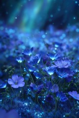 Blue Wildflowers Under Aurora Night Sky