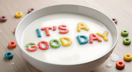 Bright and cheerful breakfast bowl with colorful cereal letters spelling 'It's A Good Day'
