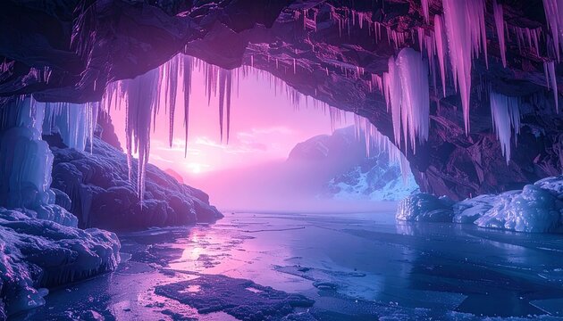 Frozen cave, vibrant sunset, icicles