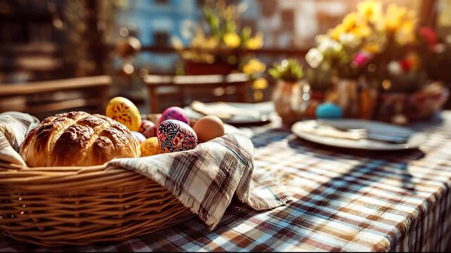 A wicker basket holds bread and colorful eggs under bright sunlight. The sunlight highlights the wicker basket, emphasizing the rich textures of the eggs and bread.