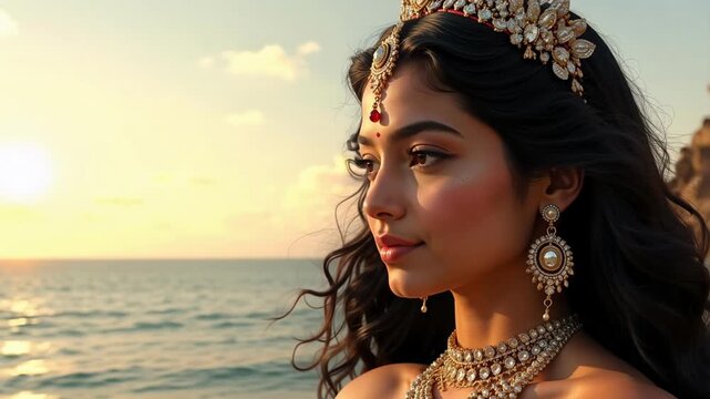 Goddess Ganga's ethereal close-up on an infinite horizon, radiating divine light in stunning 4K video footage, a spiritual journey awaits