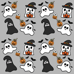 Seamless Halloween pattern with ghosts stars and bats, Halloween seamless pattern with pumpkins. Ghost's Halloween seamless pattern