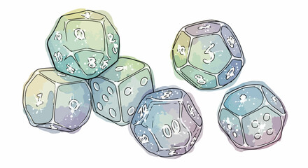 Set of polyhedral dice for tabletop games on white background. These dice are often used in role playing games, such as dungeons and dragons, perfect for enthusiasts.