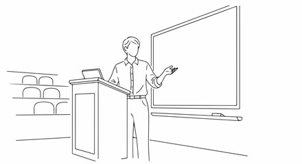 Line drawing teacher teaching at lectern with tablet, a teaching scene in black and white. This line drawing portrays teacher teaching or lecturing, standing in front of class with whiteboard.