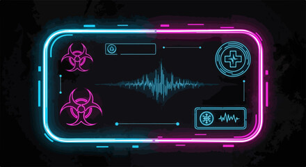 Obraz premium Futuristic display shows biohazard symbols and medical data in a neon frame. Futuristic display for monitoring health and safety,