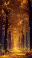 Golden Tree Lined Path with Sparkling Lights