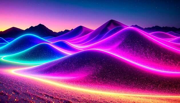Neon-lit dunes under a vibrant sky
