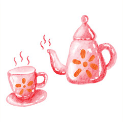 simple teapot and cups watercolor illustration hand drawn