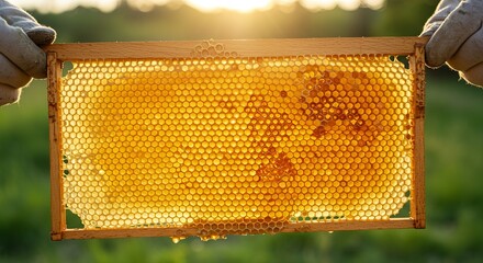 Golden honeycomb dripping with sweet honey, glowing in warm sunset light