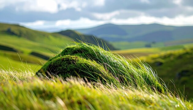 Lush green grass field with a mossy rock