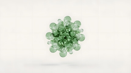 Cluster of delicate transparent green glass spheres suspended in mid air, isolated on a clean and plain white background, resembling abstract 3D molecules or liquid drops with subtle reflections 