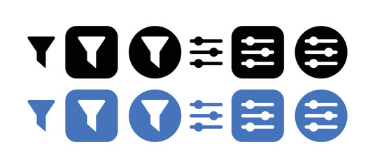 Filter icon set, funnel and slider UI glyphs in solid and outline styles with rounded and circular app buttons