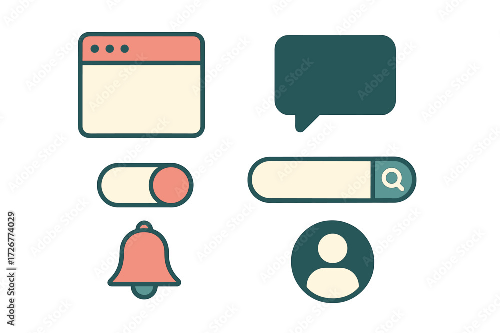 Poster modern user interface elements for web and mobile applications: browser window, chat bubble, toggle 
