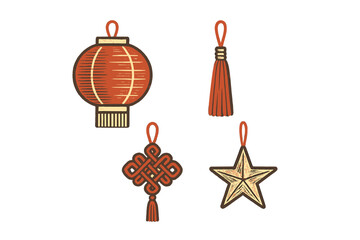 Traditional Asian cultural ornaments and decorative elements for Lunar New Year, holidays, and festive celebrations
