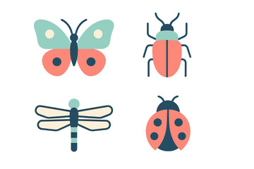 Colorful collection of various flying and crawling insects including butterfly, beetle, dragonfly, and ladybug
