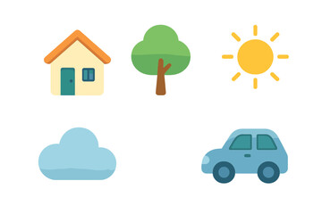 Essential everyday objects and nature elements including house, tree, sun, cloud, and car in a clean graphic style