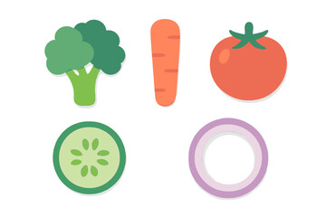Vibrant collection of fresh healthy vegetables including broccoli, carrot, tomato, cucumber, and onion slices for cooking