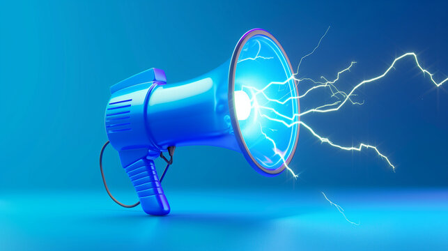 3D Blue megaphone and flash lightnings. Special offer. Social media promotion. Marketing time concept. Loudspeaker or speaker object. Realistic design emoji icon. 3D Vector illustration