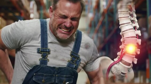 Man with lower back pain with a stylized spine and herniated disc animation.