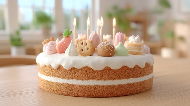 Delicious Birthday Cake with Candles and Decorative Toppings in Warm Home Interior Setting with Muted Colors and Soft Lighting
