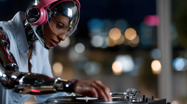 A sleek robot DJ focuses on spinning vinyl records with an engaged crowd in a vibrant nightlife setting, merging art and technology seamlessly.