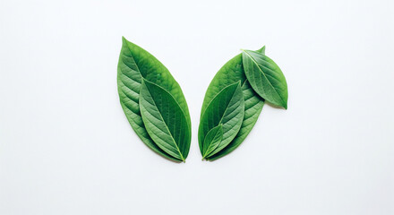Bunny rabbit ears made of natural green leaves on bright background. Easter minimal concept. Flat lay.