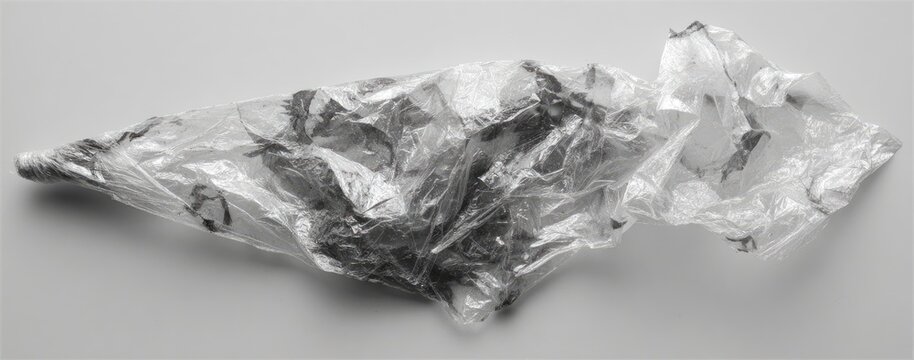 Crinkled plastic bag filled with something dark