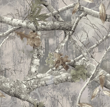 Realistic forest camouflage. Seamless pattern. Conifer tree, branches and leaves on sky blue background. Useable for hunting and military purposes.	
