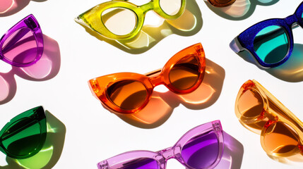 Colorful assortment of trendy sunglasses arranged on a flat surface during daylight
