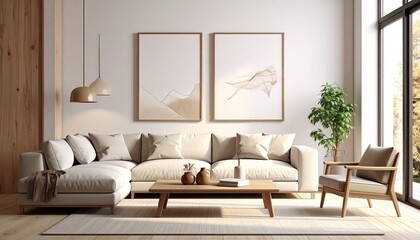 Beige minimalist living room with framed artwork