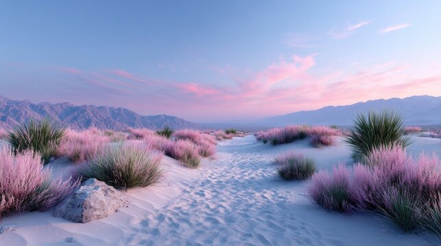 Desert Landscape with Pink Flowers at Dusk Panoramic View of Floral Accented Sand Dunes Under Soft Lighting