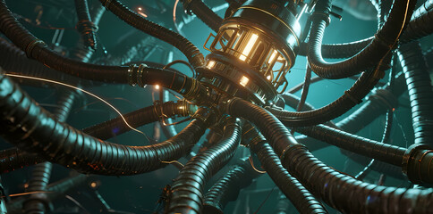 Fototapeta premium Complex mechanical structure with glowing central core and multiple articulated pipes in a dark industrial environment
