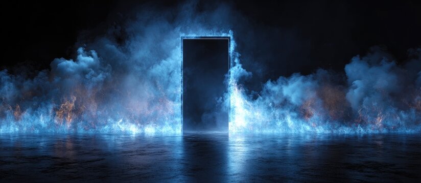 Mysterious, dark space with a glowing, black door framed by blue smoke and fire