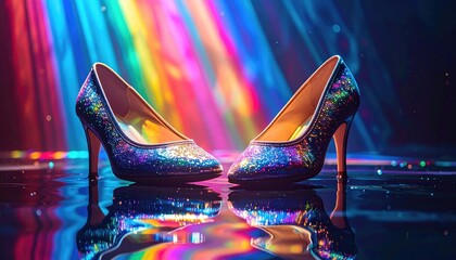 Glittery high heels reflecting vibrant lights