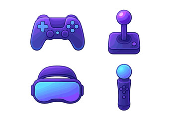 Modern digital gaming peripherals including gamepad, joystick, virtual reality headset, and handheld motion controller devices