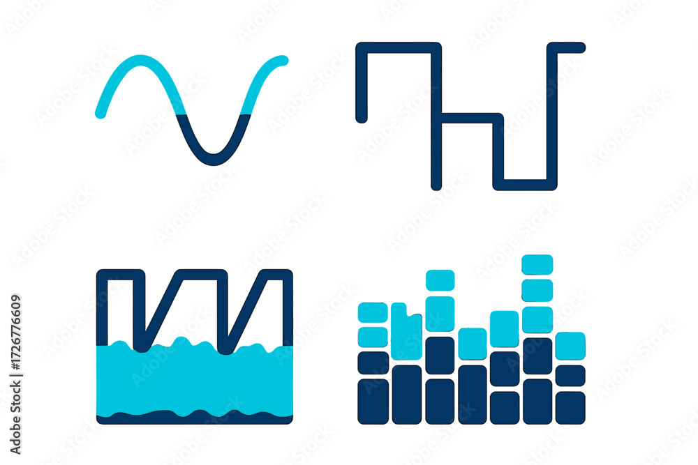 Poster abstract digital wave forms, sound equalizer, and liquid level indicators for data visualization